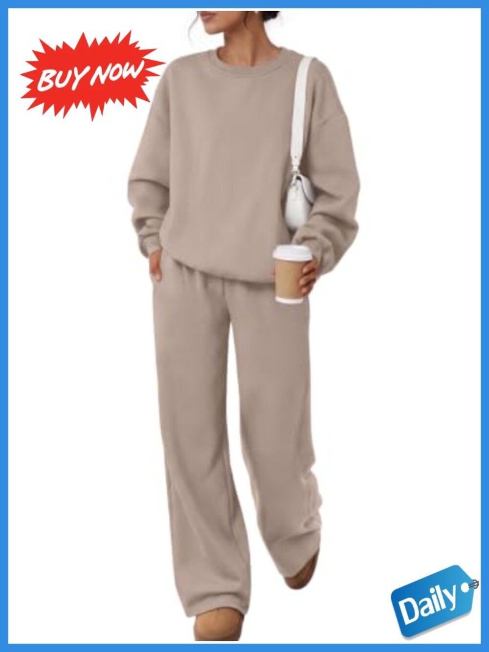 2 Piece Sweatsuit Set Cotton Blend Fleece Lined Crewneck Wide Leg Lounge
